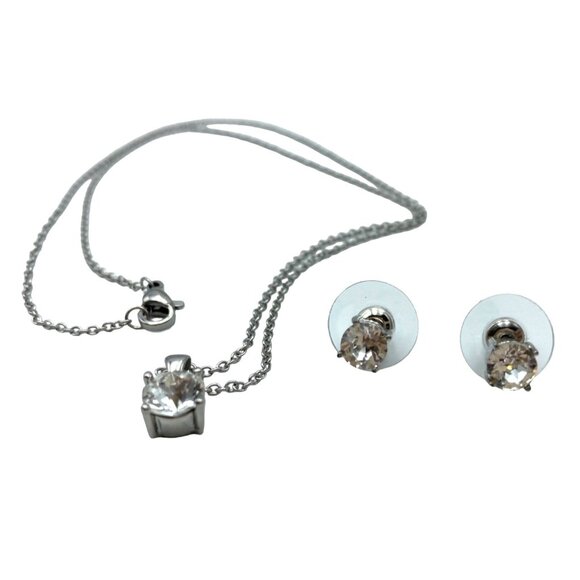 CZ Cubic Zirconia Necklace 20 Inches Earrings Pierced Silver Faceted - Picture 3 of 4